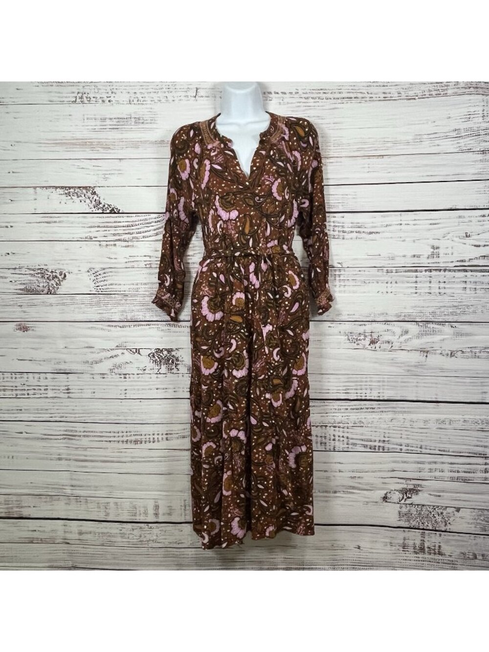 Democracy Brown Pink Floral Paisley V Neck 3/4 Sleeve Midi Dress